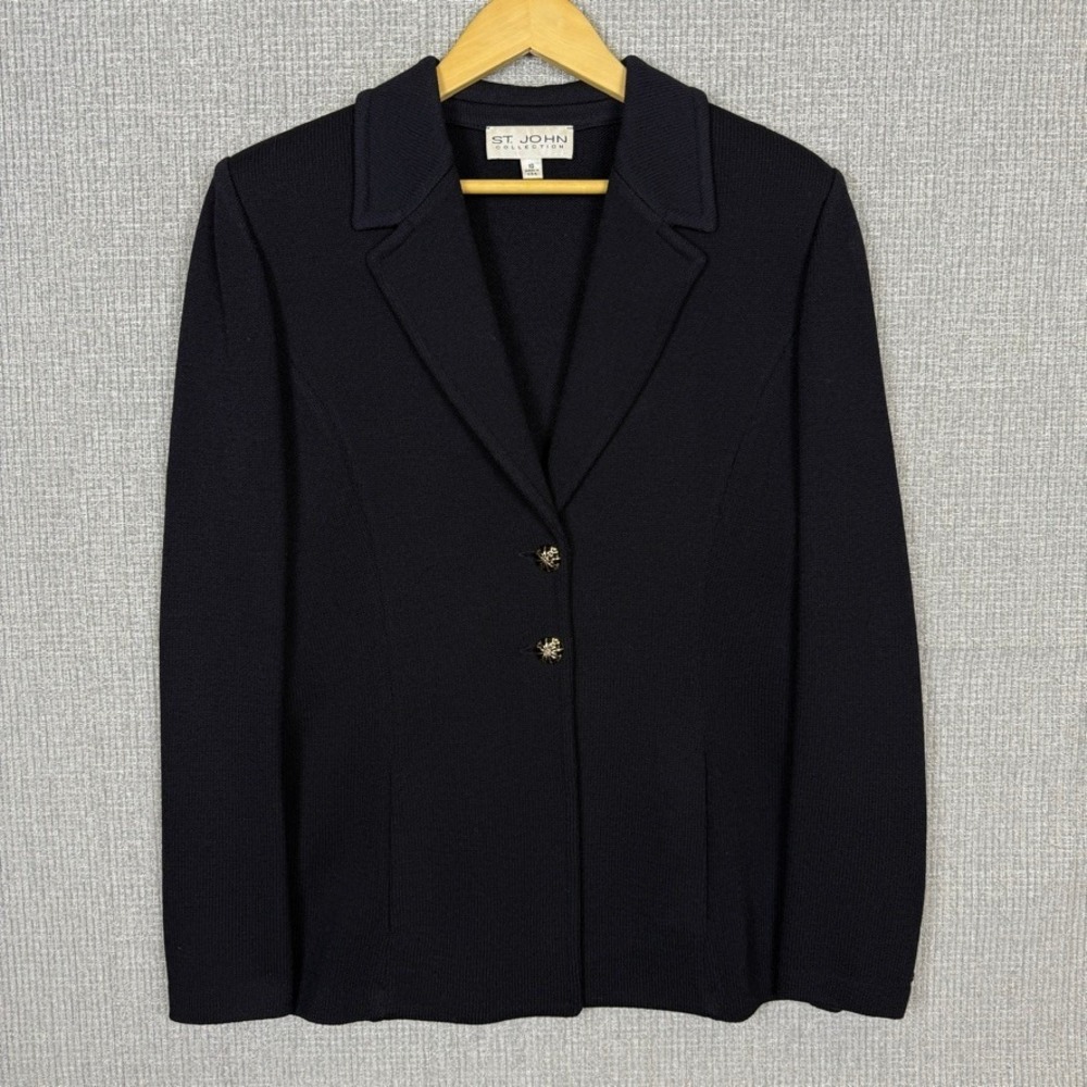St. John Collection Santana Knit Black Blazer Gold‎ Buttons Career Jacket Sz 10